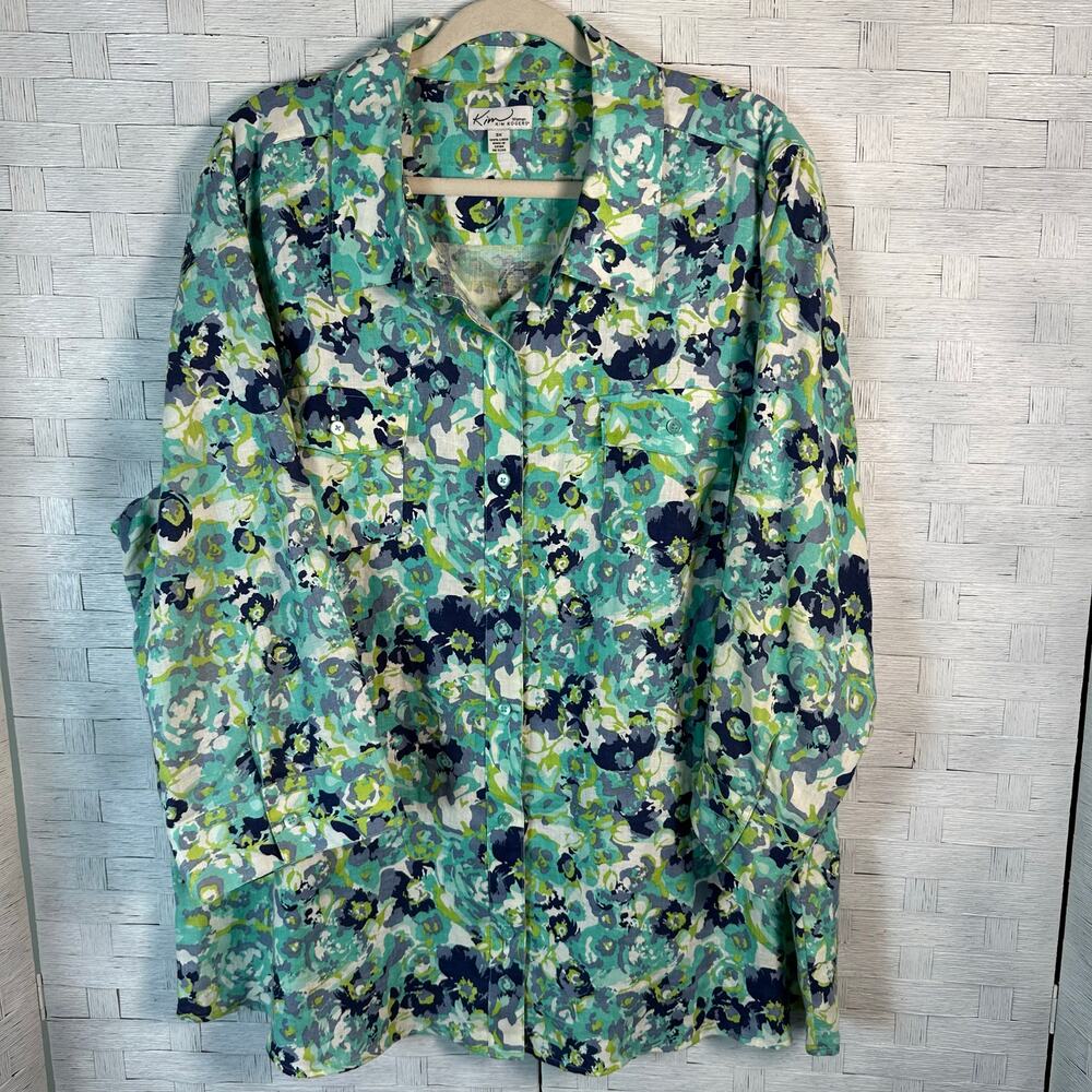 Kim Rogers women’s linen blouse roll tab sleeve green blue floral plus size
